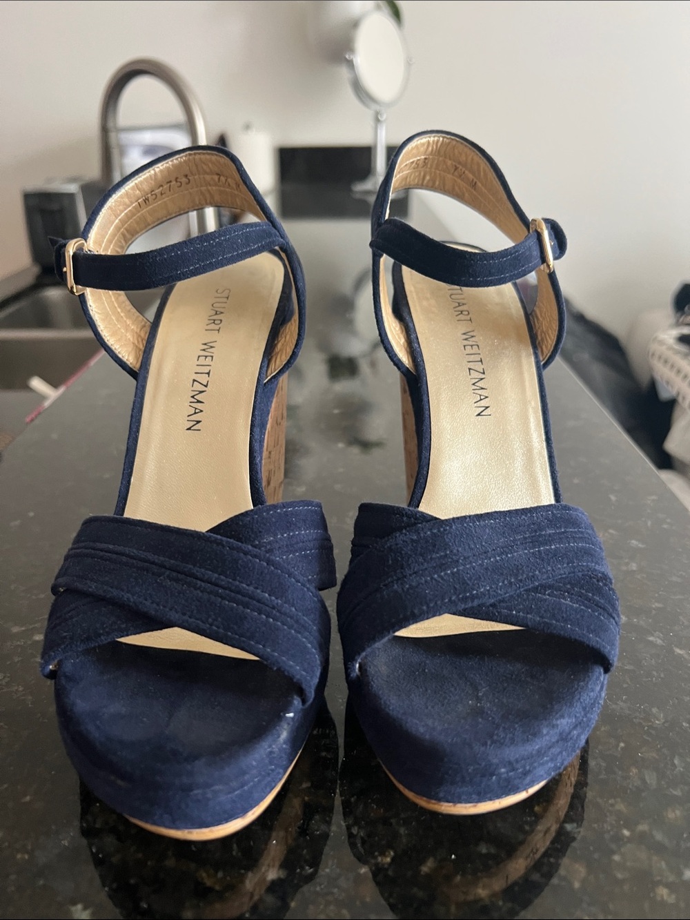 Stuart Weitzman Navy Suede Platform Heels with Ankle Strap